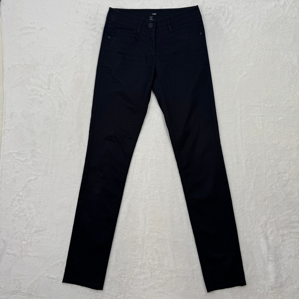 H&M Trousers Womens 2 Black Slim Fit Straight Leg Cotton Blend Mid Rise Pants
